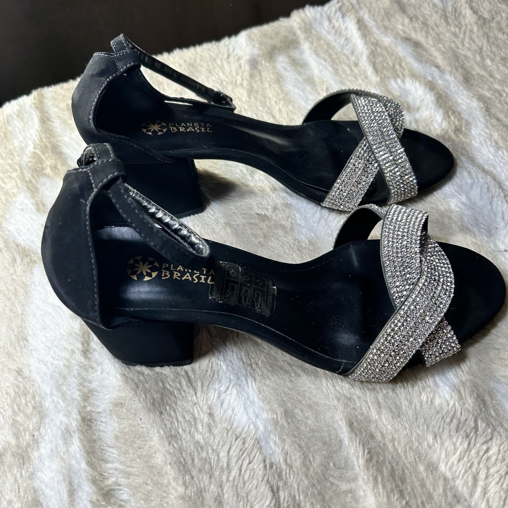 Planeta Brasil Women Black Rhinestone Block Heel Ankle Strap Sandals Size 37 6.5 - Picture 4 of 11